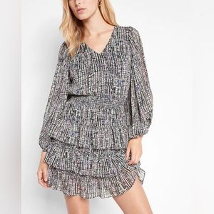 Express Abstract Print V-Neck Long Sleeve Tiered Skirt Mini Dress